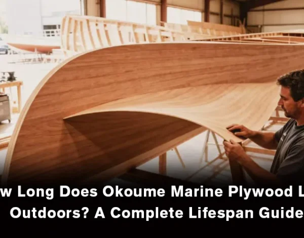 Worker installing Okoume marine plywood for wooden boat construction inside boatbuilding workshop