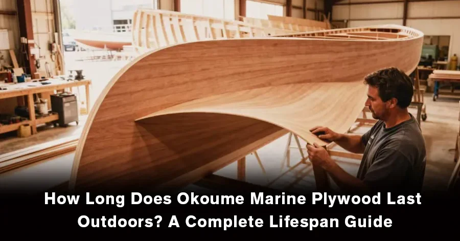 Worker installing Okoume marine plywood for wooden boat construction inside boatbuilding workshop