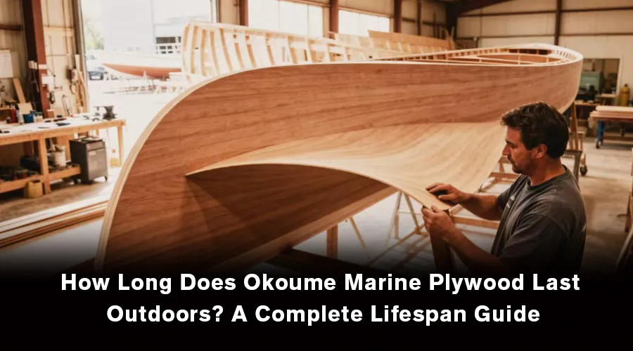 Worker installing Okoume marine plywood for wooden boat construction inside boatbuilding workshop