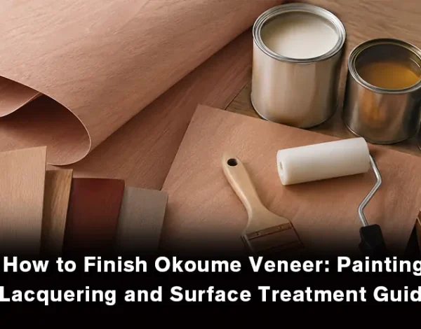 Okoume veneer surface being painted and lacquered to achieve a smooth, durable, and decorative wood finish.
