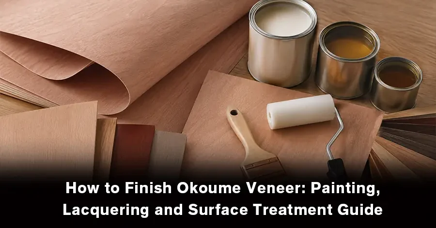 Okoume veneer surface being painted and lacquered to achieve a smooth, durable, and decorative wood finish.