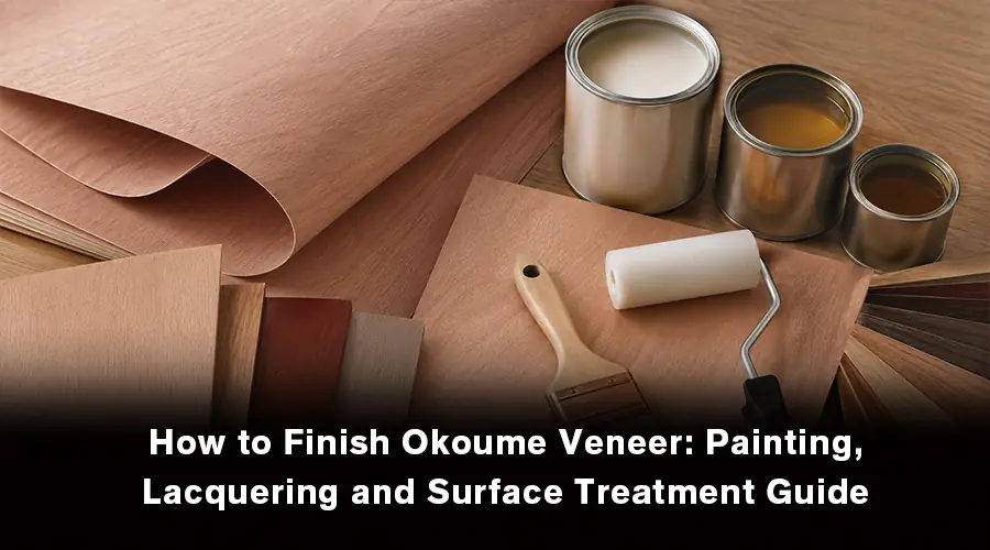 Okoume veneer surface being painted and lacquered to achieve a smooth, durable, and decorative wood finish.