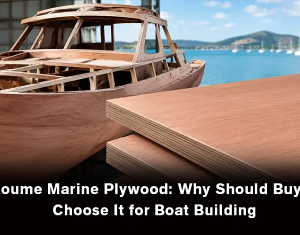Okoume marine plywood used in boat building, showing lightweight panels suitable for hulls, decks, and marine structures.