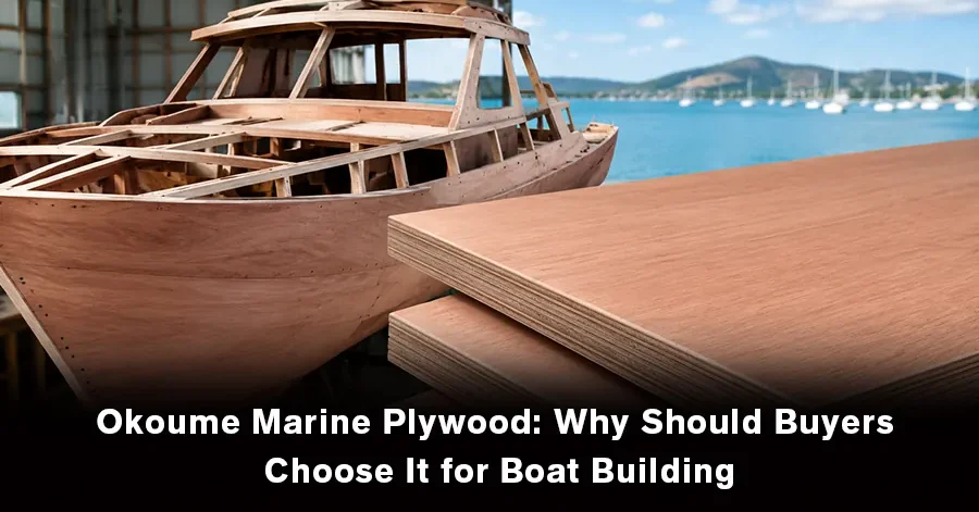 Okoume marine plywood used in boat building, showing lightweight panels suitable for hulls, decks, and marine structures.