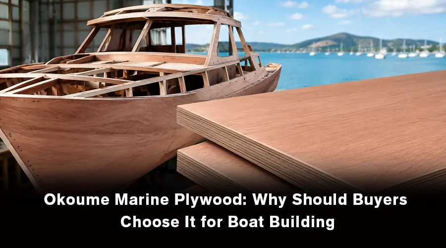 Okoume marine plywood used in boat building, showing lightweight panels suitable for hulls, decks, and marine structures.