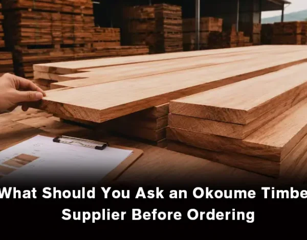 Buyer discussing Okoume timber specifications, quality, certification, packaging, and shipping requirements with a timber supplier.