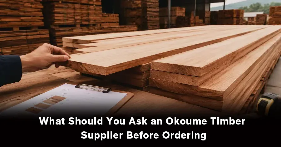Buyer discussing Okoume timber specifications, quality, certification, packaging, and shipping requirements with a timber supplier.