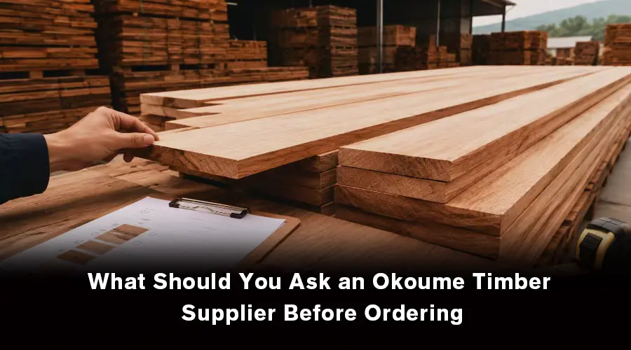 Buyer discussing Okoume timber specifications, quality, certification, packaging, and shipping requirements with a timber supplier.