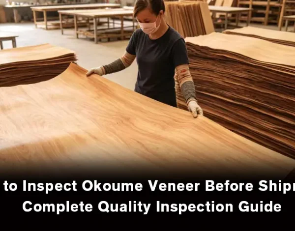 Factory worker inspecting okoume veneer sheets in wood workshop, quality control for plywood raw material