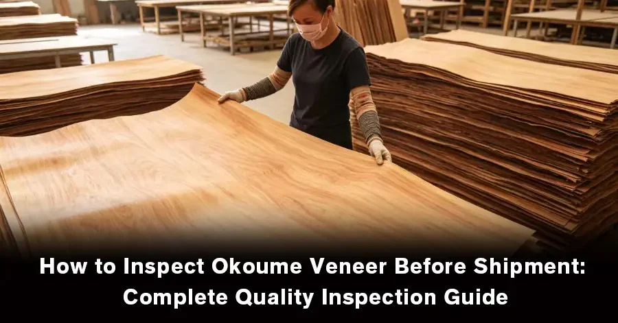 Factory worker inspecting okoume veneer sheets in wood workshop, quality control for plywood raw material