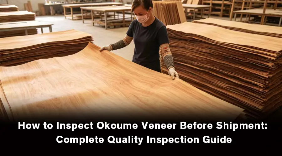 Factory worker inspecting okoume veneer sheets in wood workshop, quality control for plywood raw material