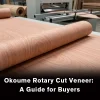 Okoume rotary cut veneer for plywood manufacturing, furniture, and interior applications.