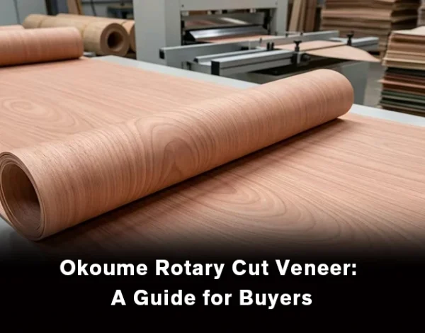 Okoume rotary cut veneer for plywood manufacturing, furniture, and interior applications.