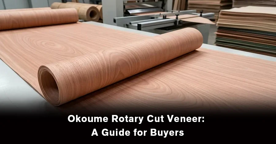 Okoume rotary cut veneer for plywood manufacturing, furniture, and interior applications.