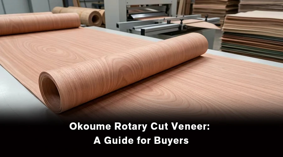Okoume rotary cut veneer for plywood manufacturing, furniture, and interior applications.