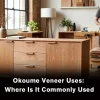 Okoume veneer uses in furniture, interior design, cabinetry, doors, and other applications.