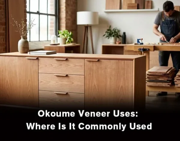 Okoume veneer uses in furniture, interior design, cabinetry, doors, and other applications.