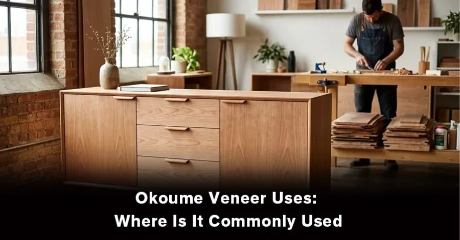 Okoume veneer uses in furniture, interior design, cabinetry, doors, and other applications.