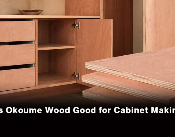 Okoume wood used for cabinet making, showing its lightweight structure, warm wood appearance, and smooth surface.