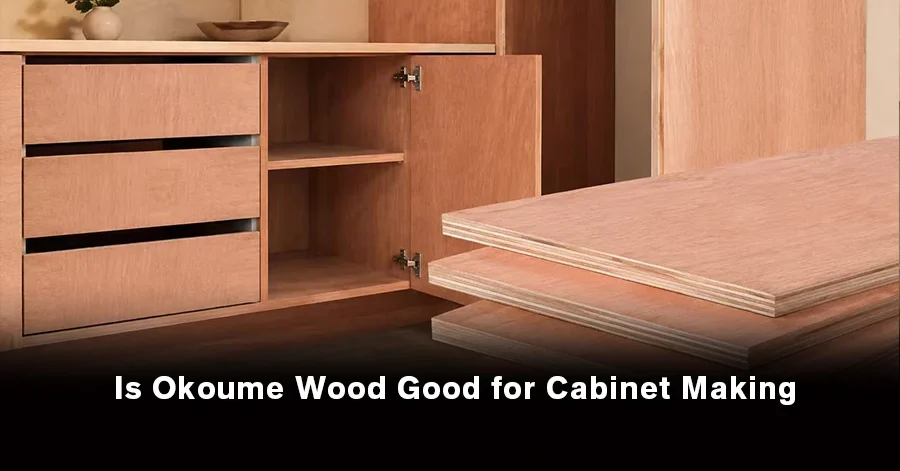 Okoume wood used for cabinet making, showing its lightweight structure, warm wood appearance, and smooth surface.