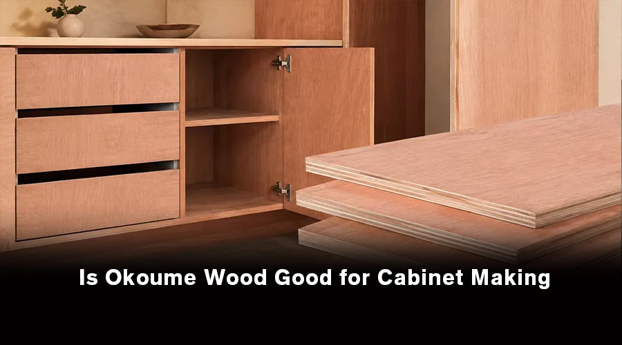 Okoume wood used for cabinet making, showing its lightweight structure, warm wood appearance, and smooth surface.