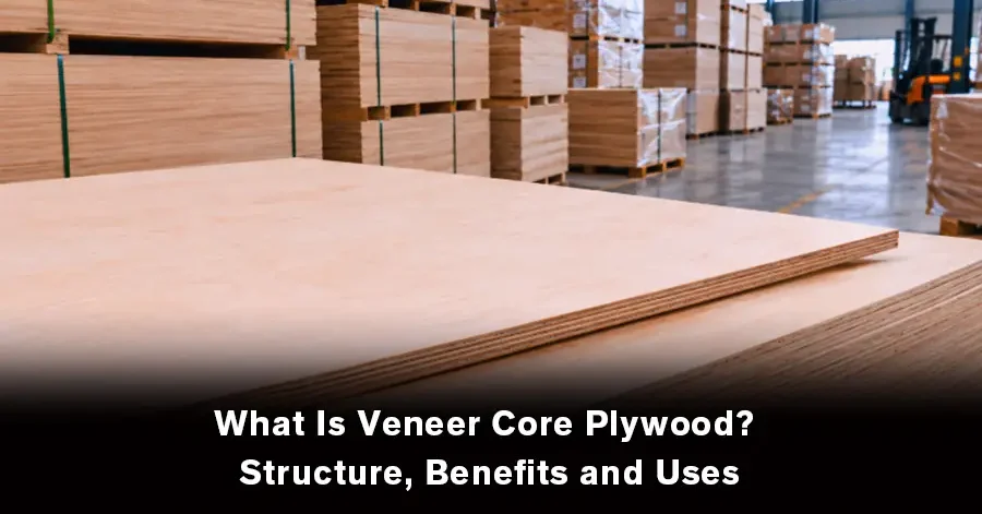 Veneer core plywood panels in a wood factory warehouse