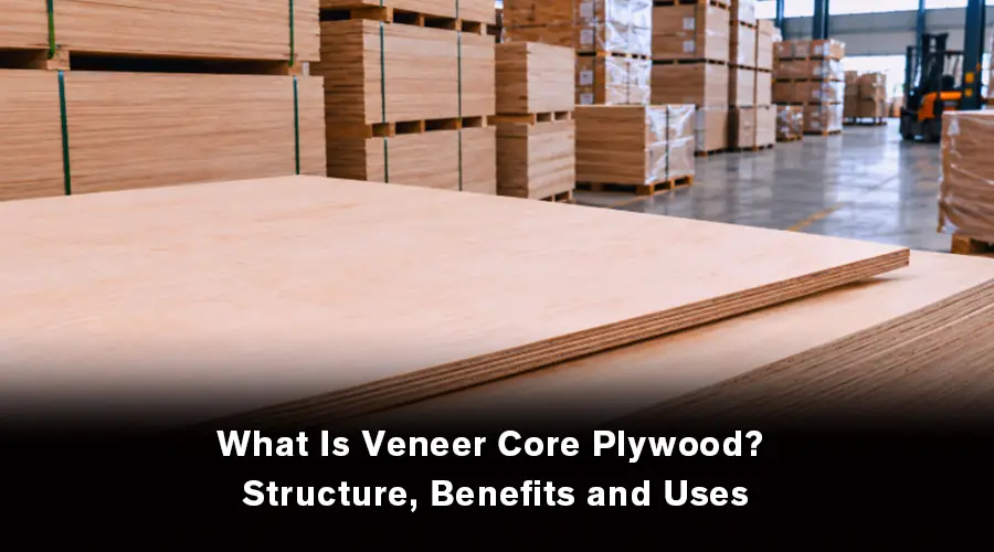 Veneer core plywood panels in a wood factory warehouse