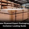 Okoume plywood export packaging with protective corner guards and pallet strapping