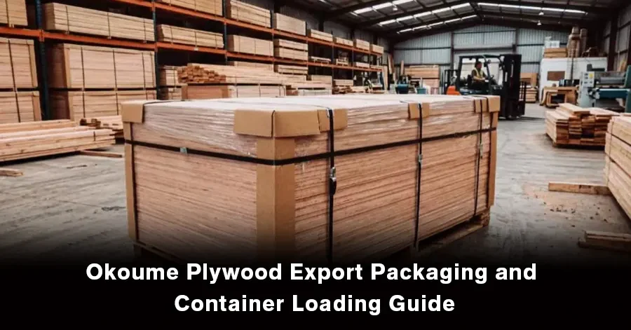 Okoume plywood export packaging with protective corner guards and pallet strapping