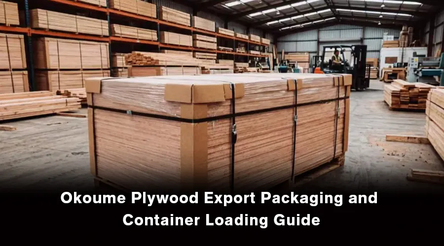 Okoume plywood export packaging with protective corner guards and pallet strapping