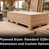 Okoume plywood sheets showing standard 1220 × 2440 mm dimensions and custom size options.