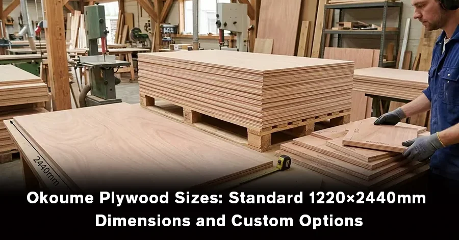 Okoume plywood sheets showing standard 1220 × 2440 mm dimensions and custom size options.