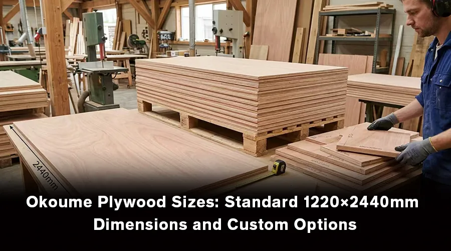 Okoume plywood sheets showing standard 1220 × 2440 mm dimensions and custom size options.
