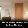 Okoume veneer door finish showing its warm pinkish-brown color and natural wood grain