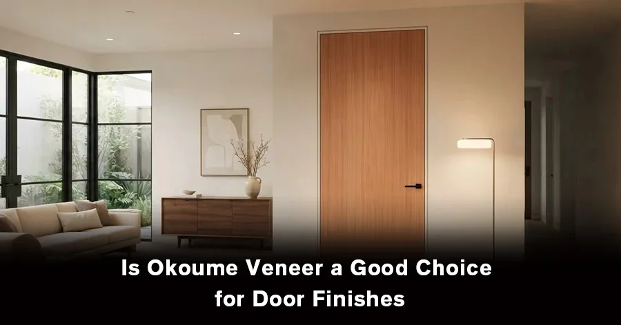Okoume veneer door finish showing its warm pinkish-brown color and natural wood grain