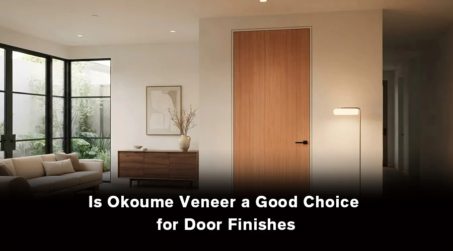 Okoume veneer door finish showing its warm pinkish-brown color and natural wood grain